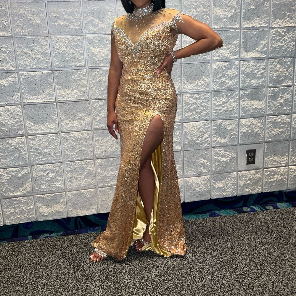 Panopoly, hand beaded sequin gold formal ball gown with split